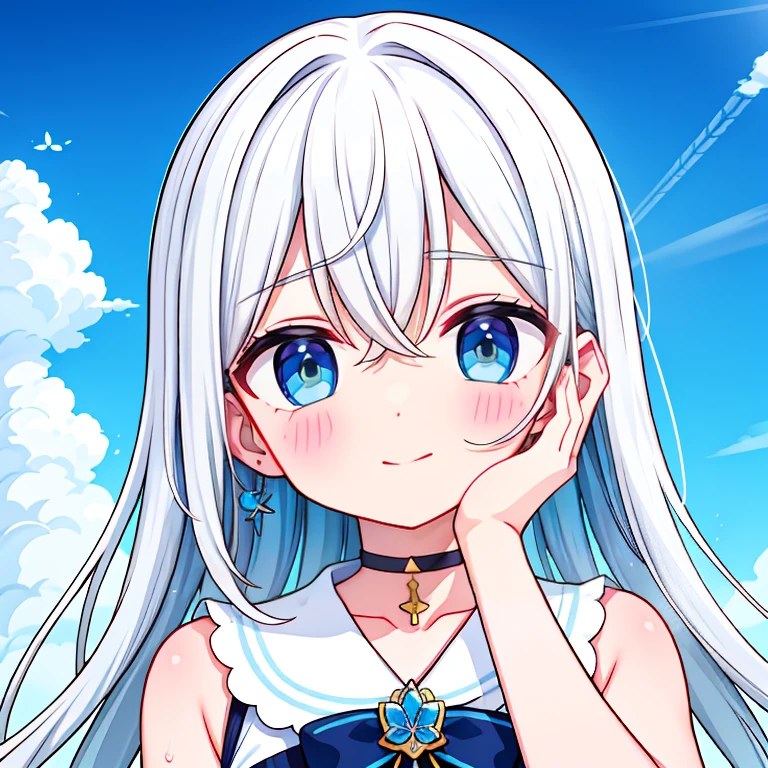 1 ,Blue Pupil,toenails,hand on own face,White hair,sky blue eyes,(blush:1.1),choker,blue sky,lesbian full body，shivering,sweat,Gotas de sweat,dream magical,(speed line:1.1),medium breasts, ((rough breathing:1.3)), cure, butterfly earrings, top cut, pleasure, loud and cold，high quality 4k