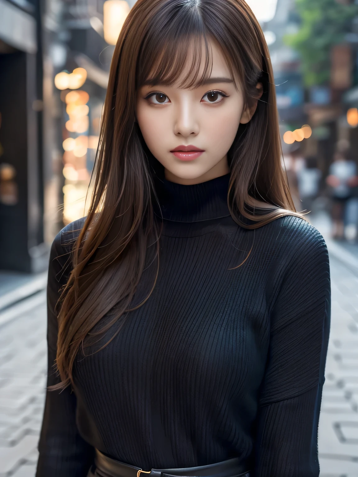 ​masterpiece, 1 beautiful girl, detailed eye, Puffy eyes, top-quality, high resolution, (Realisticity: 1.4), cinematlic lighting, Asian Beauty, Korea idol, Super beauty, Beautiful skin, slender, (A hyper-realistic), (hight resolution), (8K), (ighly detailed), (beautifully detailed eyes), (ultra-detailliert), (wall), detailed face, Bright lighting, profetional lighting, looking at viewert, Facing straight ahead, Black knitwear, oblique bangs, nighttime scene, Brown hair, age19, tall,