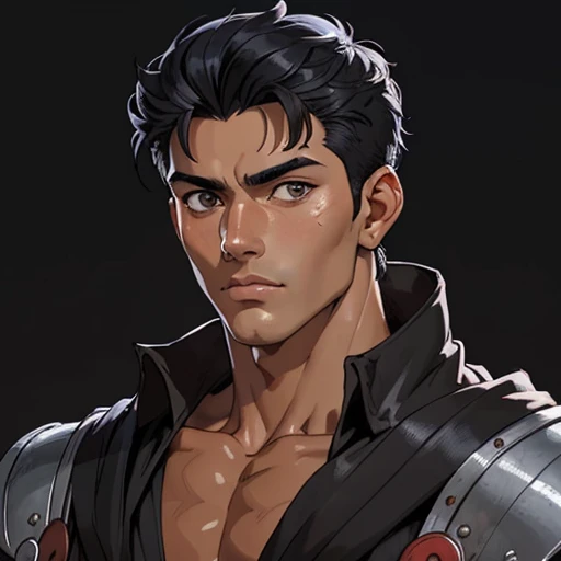 (masterpiece), (best quality),(portrait),(bust up),1boy,solo,(sharp focus),((look at viewer)),tanned skin ,(black hair),adult, (ancient:1),ancient luxurious long clothes,old school fantasy art,((simple background)),super shiny face,Ultra Glossy Skin,guts \(berserk\),