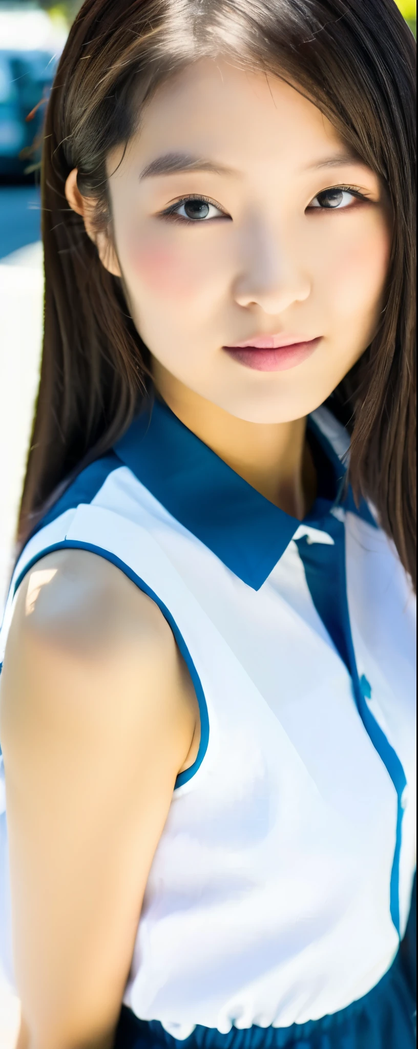 ((top-quality, 8K, masterpiece:1.3)), sharp focus:1.2, Beautiful Women in Perfect Style:1.4, Slender Abs:1.2, full body, wearing sleeveless shirts wide pants, ((dark brown hair:1.2)), (natural soft light, City Street:1.1), Highly detailed facial and skin texture, A detailed eye, double eyelid, uniform, Female, 24 years old