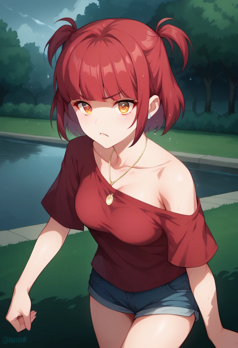 score_9, score_8_up, score_7_up,expressive eyes,1 girl, bob cut,blunt bangs,white and red hair,orange eye, swirly eyes,necklace,two side up,red shirt, loose shirt, denim shorts,in park, closed mouth, :t, pout, mad ,thunderstorm,wet