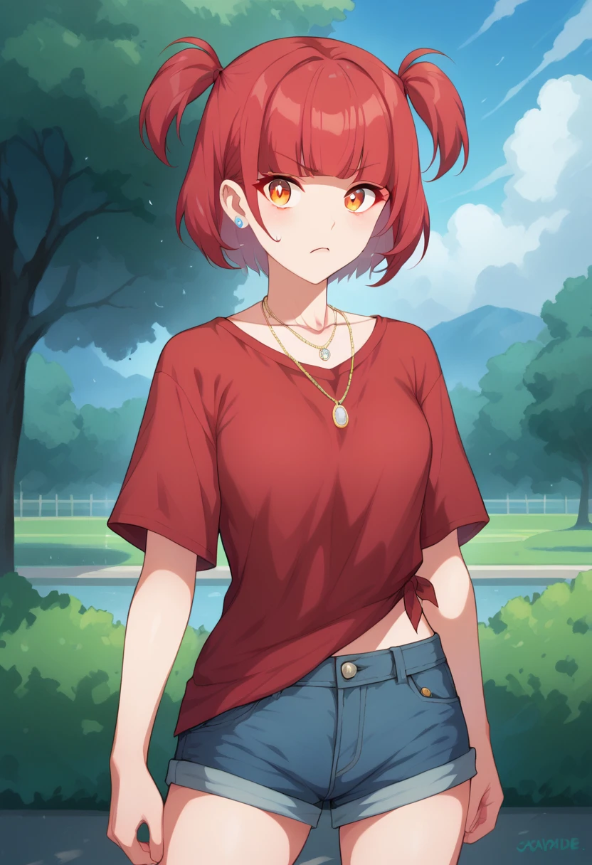 score_9, score_8_up, score_7_up,expressive eyes,1 girl, bob cut,blunt bangs,white and red hair,orange eye, swirly eyes,necklace,two side up,red shirt, loose shirt, denim shorts,in park, closed mouth, :t, pout, mad ,thunderstorm,wet