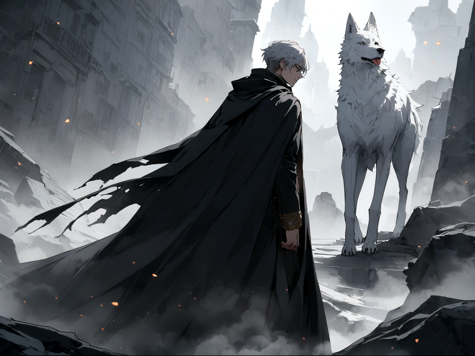 A man wearing a black cape next to this is a white wolf