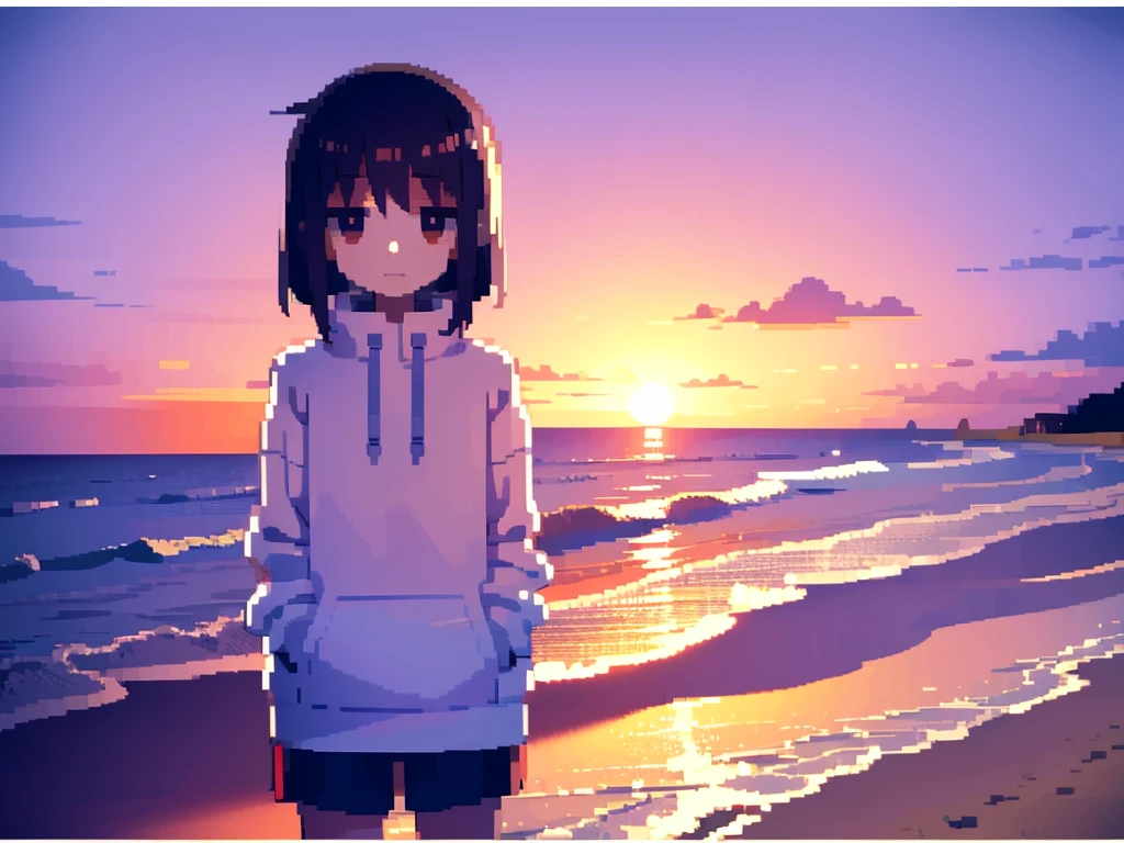 Sunset on the seaside road，A -yeld giis looking at the camera with reluctant eyes，Pixel style，Wearing a sweatshirt with his hands in his pockets, standing sideways，Upper Body，The girl is relatively small in the frame and is located in the lower right corner of the lens.，The lens is wide-angle and atmospheric