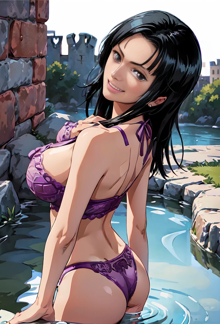 ((((panties:1.2))))、(((Cowboyshot:1.5))), (((smile coolly:1.3)))、best quality, masterpiece,1girl 、(((Light purple lingerie highest quality、Light purple bra and light purple panties, Writing about underwear is complicated、The delicate pattern of)))、(((huge breasts))), Beautiful sunlight,(((( on the castle)))), One Piece character nico robin, long black hair, extremely beautiful, looking at the viewer, standing in a lingerie.(top-quality, 8K, masterpiece:1.3)), A detailed eye, (looking at from the front), Look at the camera, ((Everything is sparkling、reflecting light:1.2)), (portrait), 1 person, nico robin ((one piece)), Beautiful woman with perfect body, Highly detailed facial and skin texture, all fingers pointing at viewer,(((Beautiful Light purple lingerie highest detail)))、nico robin、Long black hair、Big Eyes、Serious expression、clear lips、Arched eyebrows、Smooth nose、Earrings、Bangs flowing sideways、
((Drawing style of One Piece manga series))