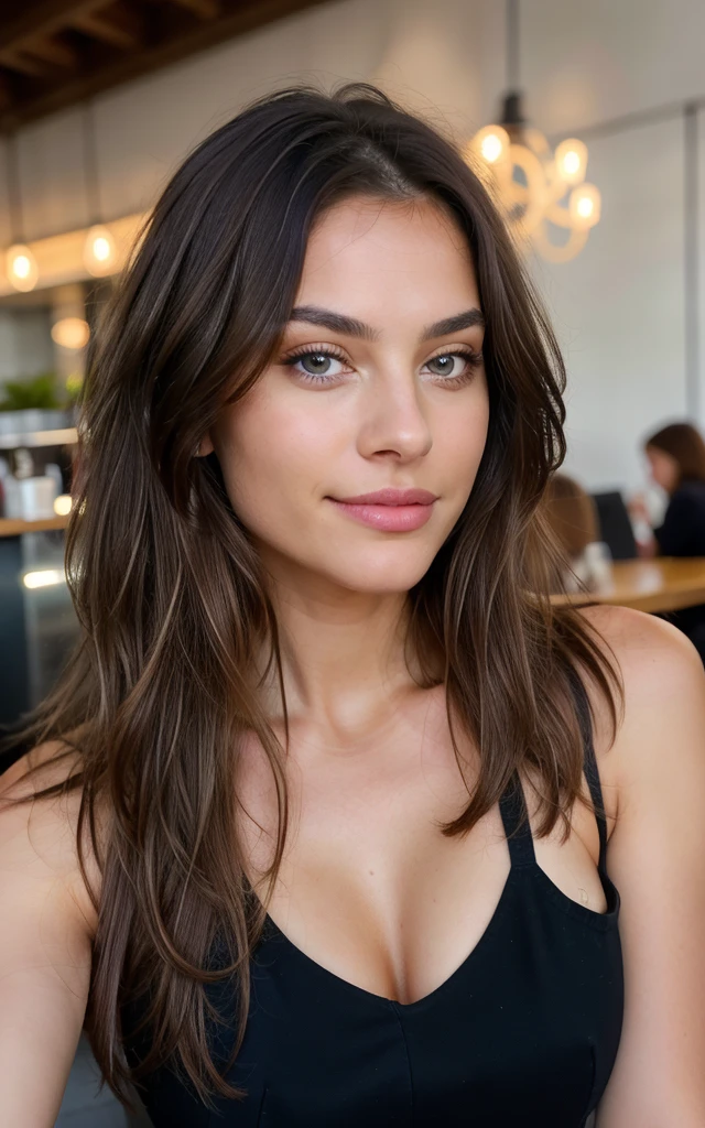 young girl, natural dark blonde highlights, (in a café drinking soda), Very detailed, 22 ans, visage innocent, 32D breast, wearing a black dress, natural wavy hair, yeux bleus, High resolution, masterpiece, Best quality, intricate high detail, highly detailed, mise au point nette, detailed skin, realistic skin texture, texture, detailled eyes, professionnel, 4K, sourire charmant, filmed on Canon, 85 mm, faible profondeur de champ, Couleur Kodak Vision, perfect fit body, Extremely detailed, photographier_\(ultra\), photoreallistic, Realstic, Post-traitement, Maximum details, roughness, real life, ultra realist, photorealism, photographie, 8K UHD, photographie