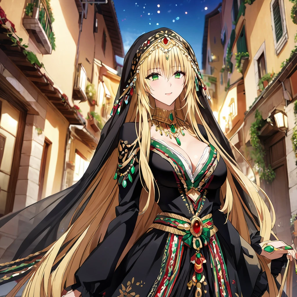 ((Highest quality)), ((masterpiece)), (detailed), (Perfect Face)、The woman is an Italian Tierra, and is seen in the streets of Italy wearing the gorgeous and glittering Italian traditional Sardinian costume, a lavishly decorated velvet jacket, a long veil, gorgeous jeweled accessories and an engagement ring.、The woman is an elegant Italian tiare with green eyes and blonde medium-long hair. The woman is wearing a velvet jacket decorated with the Italian national costume of Sardinia and a long veil.