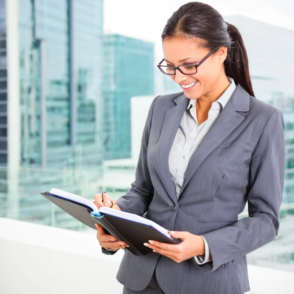 happy businesswoman looking at her notebook 