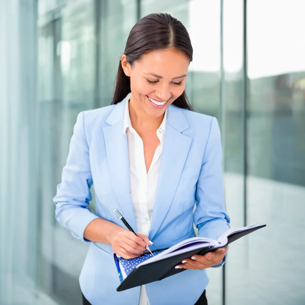 happy businesswoman looking at her notebook
