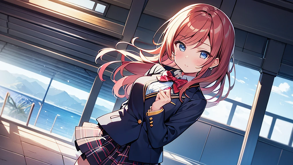 love live! school idol project,love live!,nishikino maki, love live! style, close shot, from bebind, Hide hands, injury, otonokizaka_school_uniform,blue blazer,striped bowtie,plaid shirt,pleated shirt,blue skirt,zettai ryouiki, stream, melting silver and gold, the best quality, extremely detailed CG unity 8k, lowres,