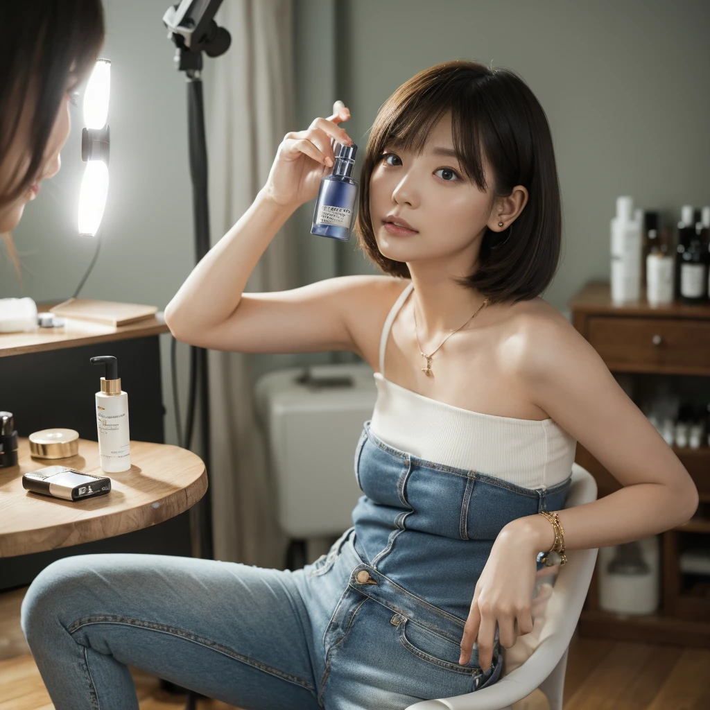 high-definition images, atmospheric perspective, 8k, super detail, accurate, best quality, angle from below, studio portraits shoot ,a woman, ((holding a serum ( skincare product) bottle)),drooping eyes, sleepy face, blush, in the studio, model for photoshoot, posing , ((bo bc hair, short hair , length below ears)) high boots, necklace, ivory tube top and jeans short pant, studio scene, dark , flashlight on , ((bo bc hair))
