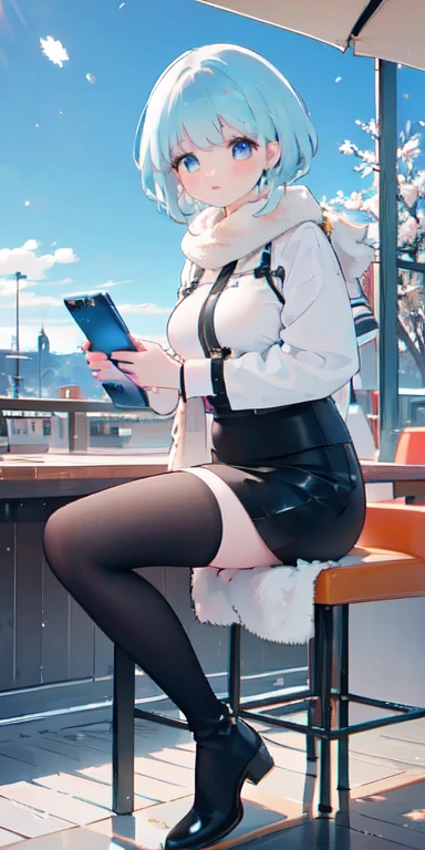 work of art, 8K, style of art by shaman240, very highly detailed face, detailed clothing, detailed fabric, 1 girl, beautiful face, asymmetrical long hair, hair light blue, breasts big, slim, thick-thighs, wearing beautiful winter clothes, peencil leather mini skirt, Dior thigh high boots ,very detailed blue cat eyes, sitting on a stool inside a modern cafe, holding a phone, cute smile, sunny winter scenery, full body view, happy expression,