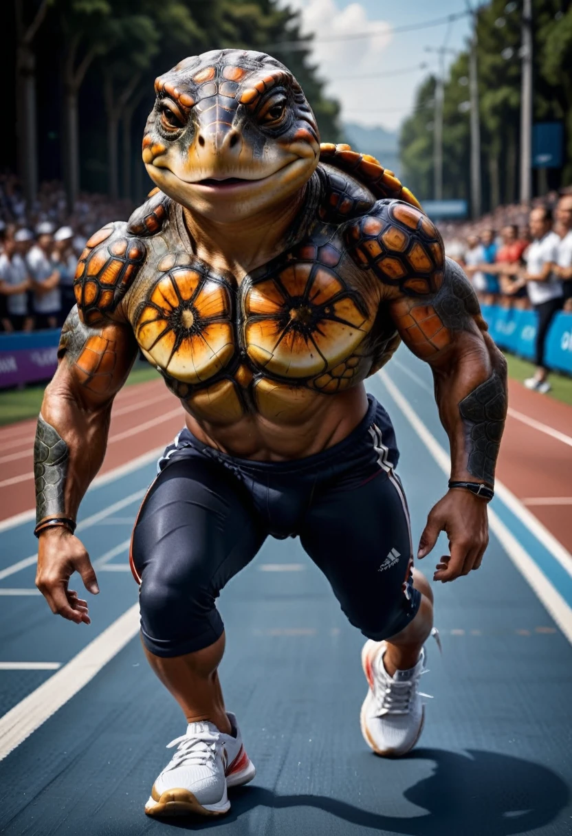 a close up shot on a ((anthmorph turtle: 1.3)) sprinter in a running lane getting ready to sprint in the Olympics, tense look, getting ready to sprint, (best detailed face: 1.3), lean muscled body, sweat beads on forehead, (wearing athletic shirt, pants and sneakers: 1.2), (anatomically correct: 1.4), (full body shot: 1.1) , vibrant, Ultra-high resolution, High Contrast, (masterpiece:1.5), highest quality, Best aesthetics), best details, best quality, highres, ultra wide angle, 16k, [ultra detailed], masterpiece, best quality, (extremely detailed), Cinematic Hollywood Film, Anthro... woman