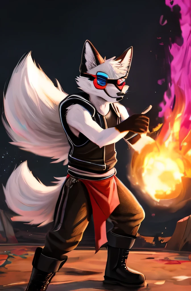 Solo, furry, furry, teenite fox, fox, white body, grey stripes, googles, black sleeveless jacket, black loincloth, holy magic, masterpiece, Detailed face, big eyebrows, blue eyes, detailed eyes, No muscles, Detailed hands, Flat body, Skinny, Detailed paws, no shirt, no underwear, black gloves, black boots, art by negy, action pose,