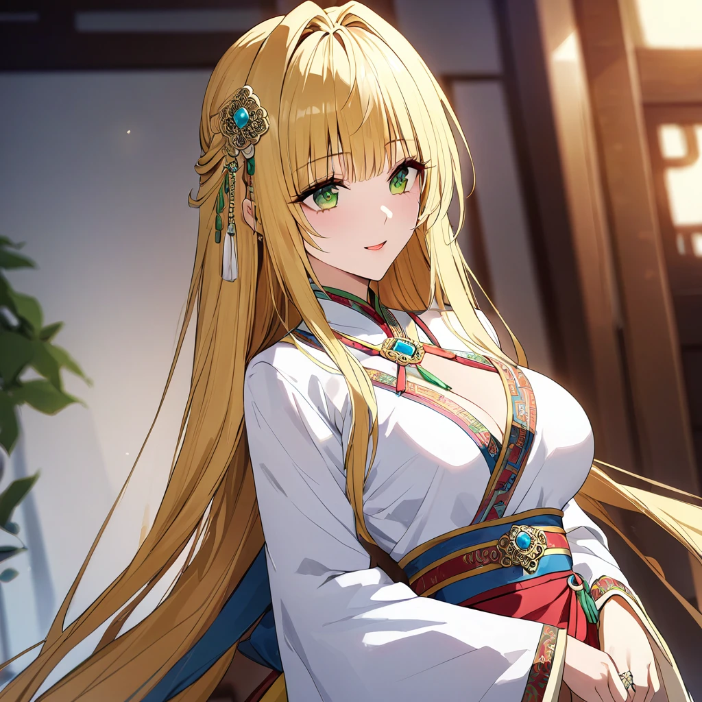 ((Highest quality)), ((masterpiece)), (detailed), (Perfect Face)、The woman is a Mongolian Tiayyu, wearing a gorgeous and colorful Mongolian traditional dress, Dale, in a Mongolian mansion, and is wearing an engagement ring as part of her luxurious jeweled accessories.、The woman is an elegant Tiayyu with green eyes and medium-long blonde hair. She is wearing the colorful Mongolian national dress, the Deel.