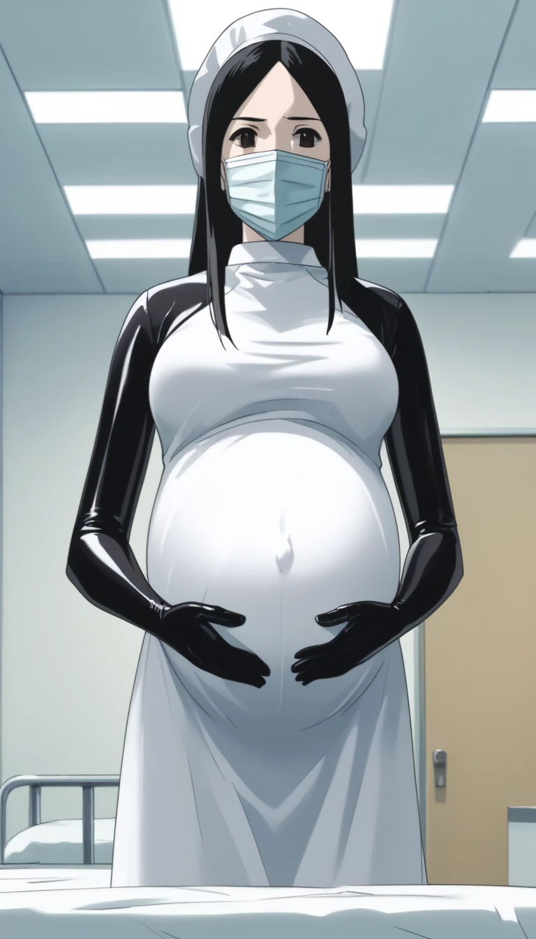 score_9, score_8_up, score_7_up, source_anime, raw image, masterpiece, highest quality, kasuganoray, pale skin, shy eyes, long black hair, big breasts, see tits, scrubs, surgical mask, surgical cap, long sleeve maternity dress, seamless, tits, navel head,
1girl, pregnant, solo, long rubber gloves, looking down, furrowed brow, hospital bed, light shines from the ceiling, standing