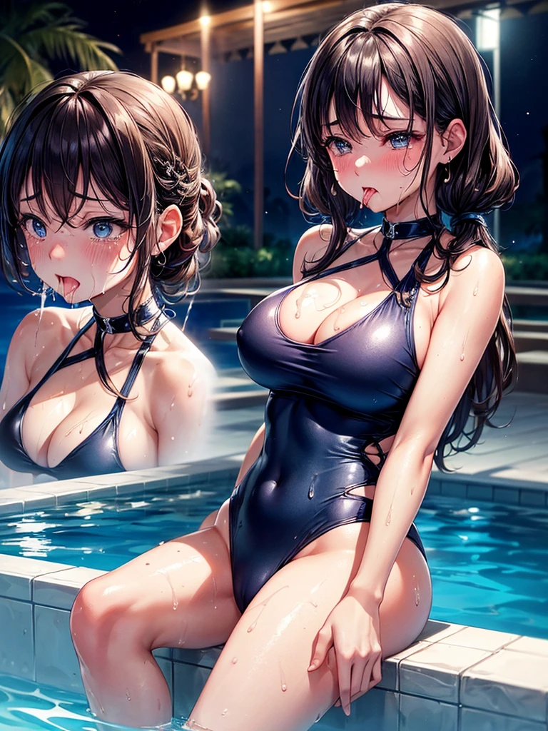 Highest quality,Highest Resolution,A crying beauty in a super high-cut swimsuit,Night Pool,Night view,Back view,up,Very beautiful eyes,(((Drink a drink))),(((Open your mouth and drool))),(((Sweat profusely)))Tears,Big Breasts,(((Tback)))
