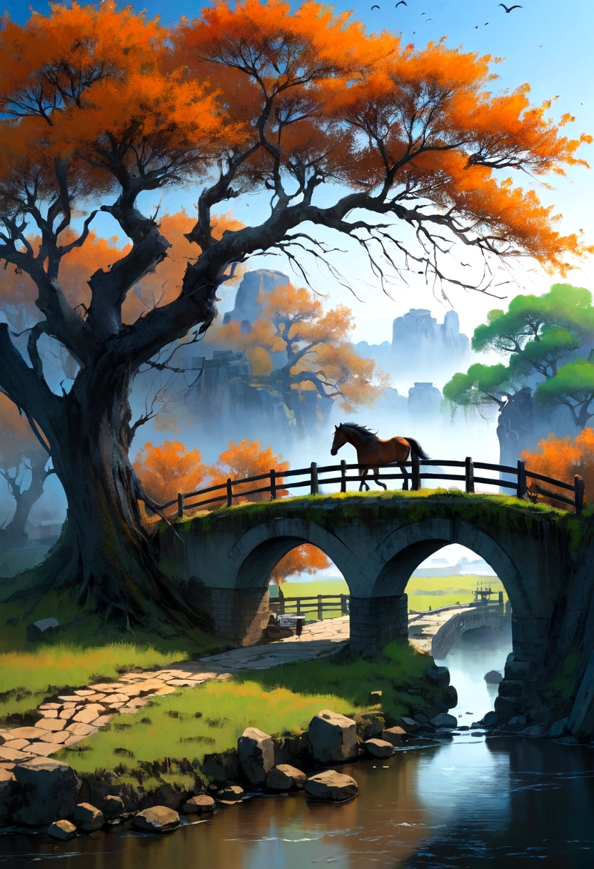 masterpiece, high quality, high resolution,8K, Chinese painting ,, Withered vines, Old trees, dusk, The crow cries,, (A small bridge), flowing water, Humble residence, (a horse:1.6),, A cold wind blows from the west, an ancient road,