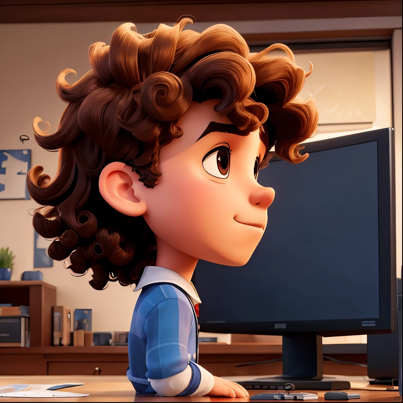 work of art, best qualityer,a young man designer with curly hair with sharp bow ,with an average size,in front of a PC , with the canvas open