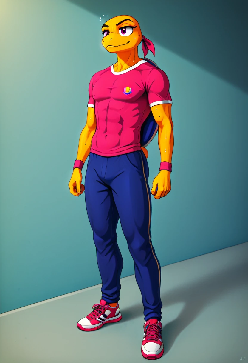 a close up shot on a ((anthmorph turtle: 1.3)) sprinter in a running lane getting ready to sprint in the Olympics, tense look, getting ready to sprint, (best detailed face: 1.3), lean muscled body, sweat beads on forehead, (wearing athletic shirt, pants and sneakers: 1.2), (anatomically correct: 1.4), (full body shot: 1.1) , vibrant, Ultra-high resolution, High Contrast, (masterpiece:1.5), highest quality, Best aesthetics), best details, best quality, highres, ultra wide angle, 16k, [ultra detailed], masterpiece, best quality, (extremely detailed), Cinematic Hollywood Film, Anthro... woman