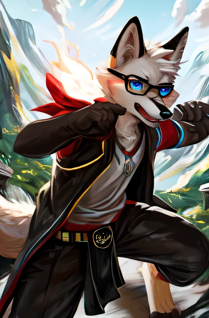Solo, teen furry, furry, teen, white fox, fox, white body, grey stripes, googles, black sleeveless jacket, black loincloth, holy magic, masterpiece, Detailed face, big eyebrows, blue eyes, detailed eyes, No muscles, Detailed hands, Flat body, Skinny, Detailed paws, no shirt, no , black gloves, black boots, art by negy, action pose,