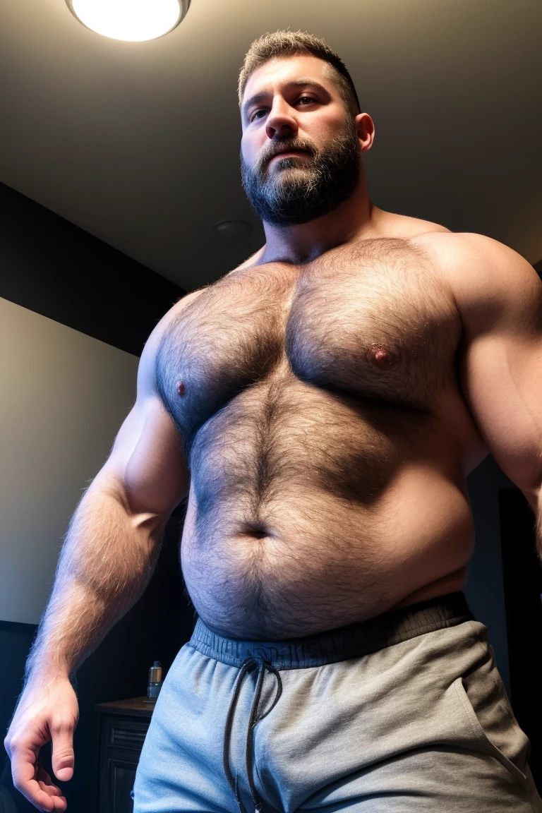8K HDR Very Realistic Real Very Detailed High Quality 8K HDR Very Realistic 46 year old daddy rugged bodybuilder muscle bears man, 8KHDR very realistic detailed hairy, 8KHDR very realistic beared big daddy muscle bear, and 8KHDR very realistic detailed rugged burly man in shorts. 8KHDR Very Realistic legs, 8KHDR very realistic hair, 8KHDR very realistic beards, 8KHDR very realistic thick chubby fat neck, 8KHDR very realistic neck lines, 8KHDR very realistic detailed neck, 8KHDR very realistic belly, 8KHDR very realistic burly chest, 8KHDR very realistic detailed hairy burly strong chest and arms, 8KHDR very realistic detailed hairy burly strong chest and arms, 8KHDR very realistic pecs, 8KHDR very realistic burly muscle bear body, 8KHDR very realistic nipples, 8KHDR very realistic burly muscle bear body, 8KHDR very realistic face, 8KHDR very realistic detailed face, 8KHDR very realistic eyes, 8KHDR very realistic detailed eyes, 8KHDR very realistic pupils, 8KHDR very realistic detailed pupils, 8KHDR very realistic head, 8KHDR very realistic waist, 8KHDR very realistic facial features, 8KHDR very realistic burly arms, 8KHDR very realistic elbows, 8KHDR very realistic hands, 8KHDR very realistic pecs, 8KHDR very realistic belly, 8KHDR very realistic human man body, 8K HDR very realistic bellybutton, 8KHDR very realistic wrists, 8KHDR very realistic fingers, 8KHDR very realistic fingernails, 8KHDR very realistic shoulders, 8KHDR very realistic mouth, 8KHDR very realistic lips, 8KHDR very realistic mens clothing, 8KHDR very realistic detailed mens clothing. 8KHDR Very Realistic Hairy Bearded Burly Muscle bear Photoshoot, 8KHDR A very realistic burly muscle bear man in a bedroom, 8KHDR Very Realistic Intricately Detailed, 8KHDR very realistic detailed bedroom surroundings, 8KHDR very realistic surroundings lighting, No Deformities, captured with a 85mm lens, 8K HDR Very Realistic, 8K HDR Clear HDR Quality full with very realistic real details