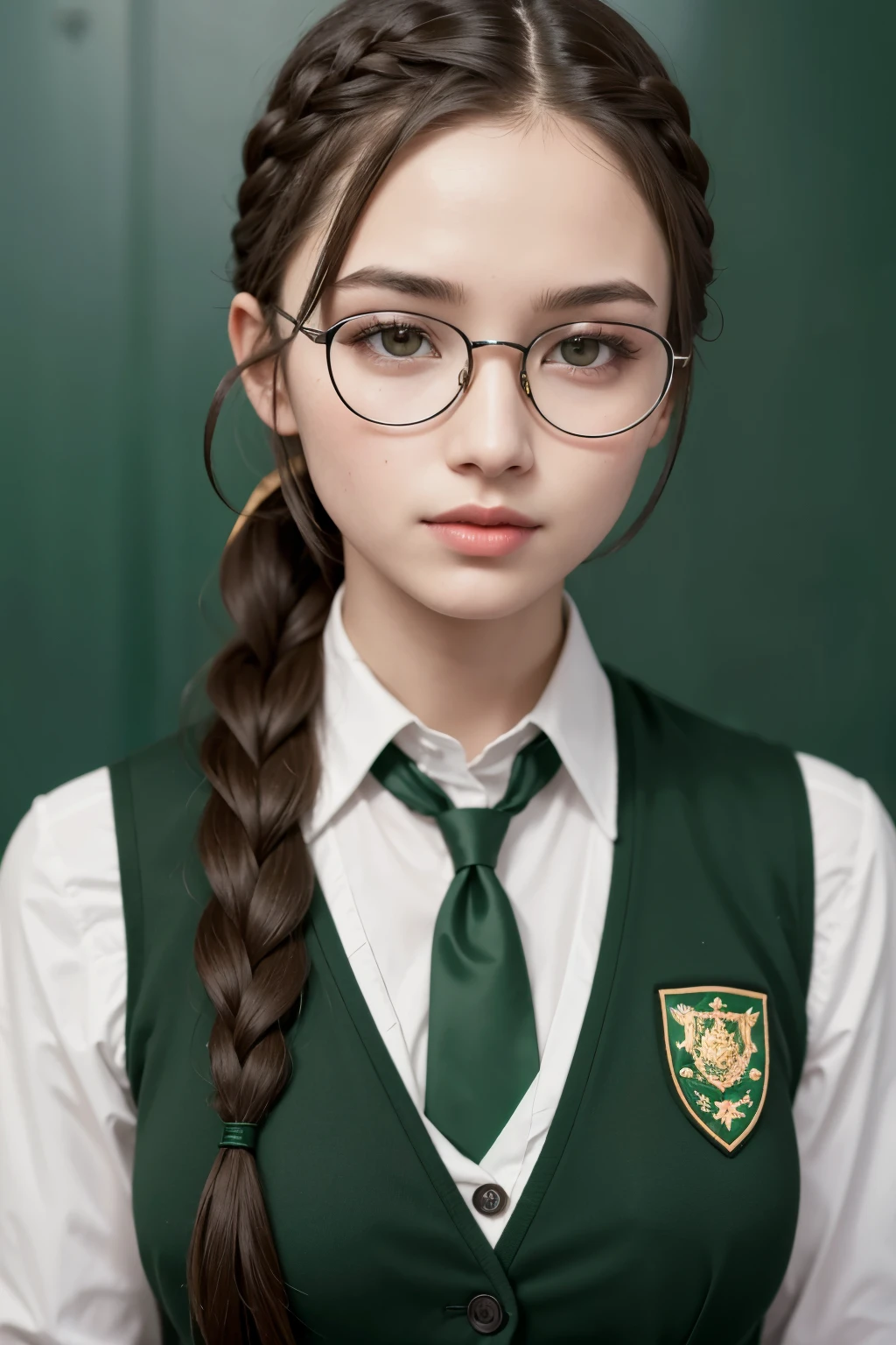 slytherin woman with long straight brown hair pulled back in a braid and dark brown eyes, fair skin, freckles, 18 years old and glasses in school robes as an ai image