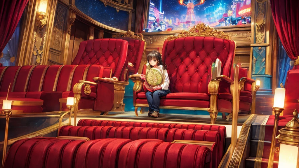 ((Highest quality)), (detailed), background、Illustrated style、Movie theater lobby、Red sofa、Round Electricity