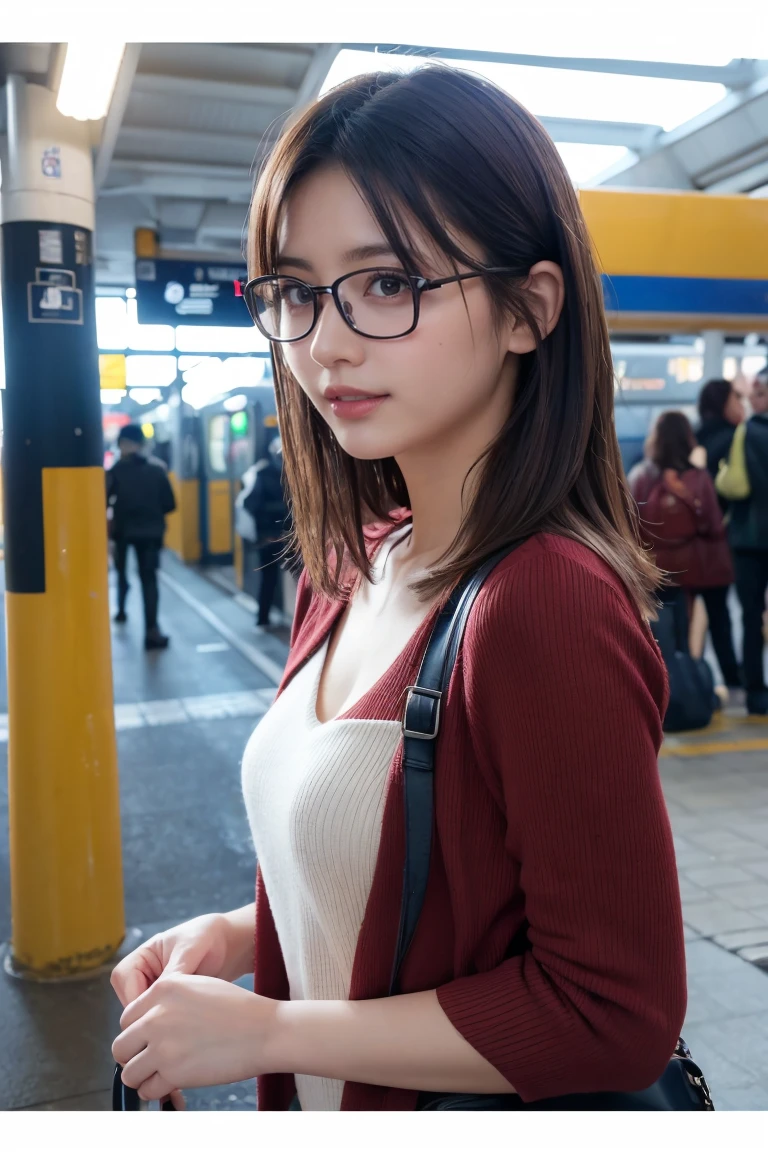 (8K、Raw photo、Highest quality、masterpiece:1.2)、(Realistic、Photorealistic:1.37)、Ultra-detailed、Ultra-high resolution、1 girl、Seeing the viewer、Beautifully detailed face、Laughter、narrow、(Slim waist) :1.3)、shortcut、Beautifully detailed skin、Skin Texture、Floating Hair、Professional Lighting、Waiting for the train on the platform、Black-rimmed square glasses 、Human whole body、Brown Hair、