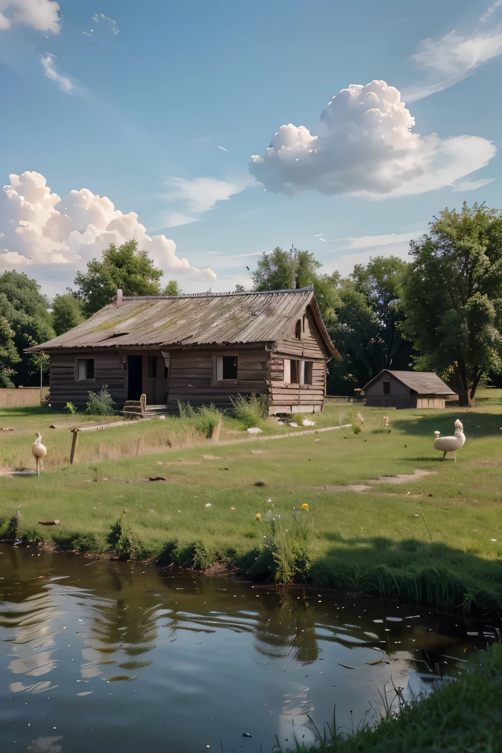 simple dilapidated wooden house, Russian village, there are shady trees on the edge of the house, the grass looks green, in the background you can see a stream of clear water, clouds, Clear sky, kine, geese, chickens in the yard
