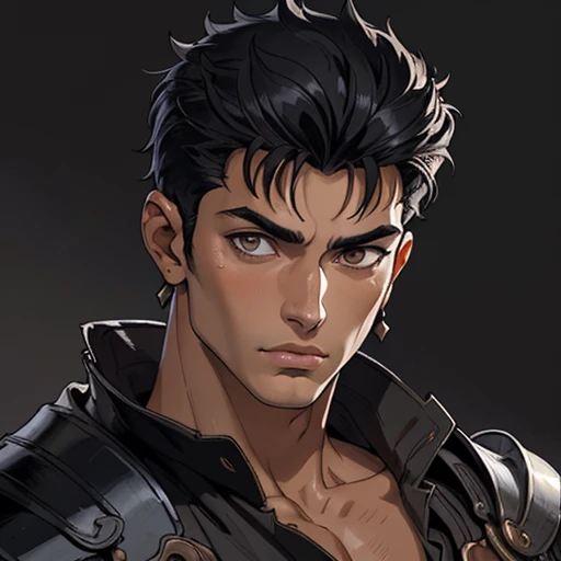 (masterpiece), (best quality),(portrait),(bust up),1boy,solo,(sharp focus),((look at viewer)),tanned skin ,(black hair),adult, (ancient:1),ancient luxurious long clothes,old school fantasy art,((simple background)),super shiny face,Ultra Glossy Skin,guts \(berserk\),