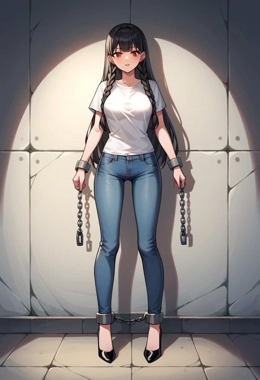 score_9, score_8_up, score_7_up, score_6_up, score_5_up, score_4_up, source_anime, 1girl, black hair, braids, red eyes, w-w-chain, shackles, put on arms, long hair, shirt, jeans shorts, black high heels, dungeon, best quality, best res, 4K UHD,
 