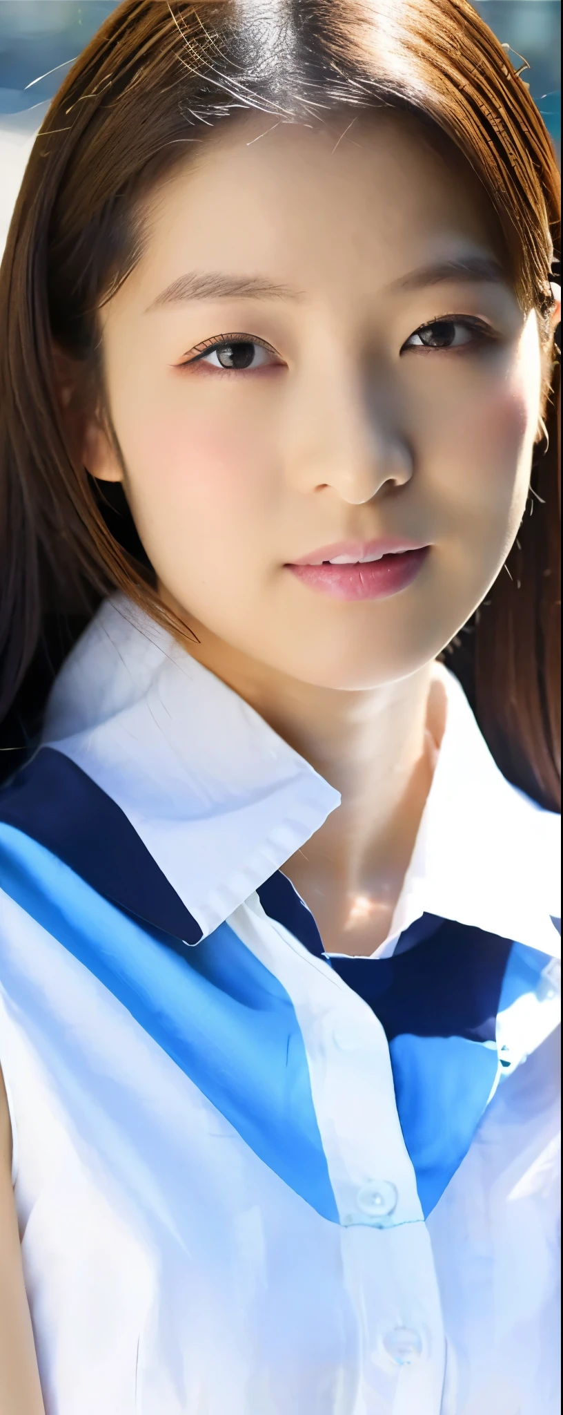 ((top-quality, 8K, masterpiece:1.3)), sharp focus:1.2, Beautiful Women in Perfect Style:1.4, Slender Abs:1.2, full body, wearing sleeveless shirts wide pants, ((dark brown hair:1.2)), (natural soft light, City Street:1.1), Highly detailed facial and skin texture, A detailed eye, double eyelid, uniform, Female, 24 years old