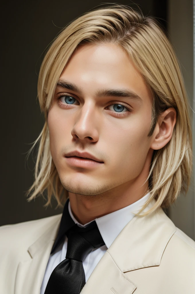 photography of a 20yo man, perfect face, masterpiece, blonde hair, greenish blue eye lens, almond eye , black straight eye browns, white skin,wearing black blazer full size photo,symmetrical face, perfect jawline and check bone