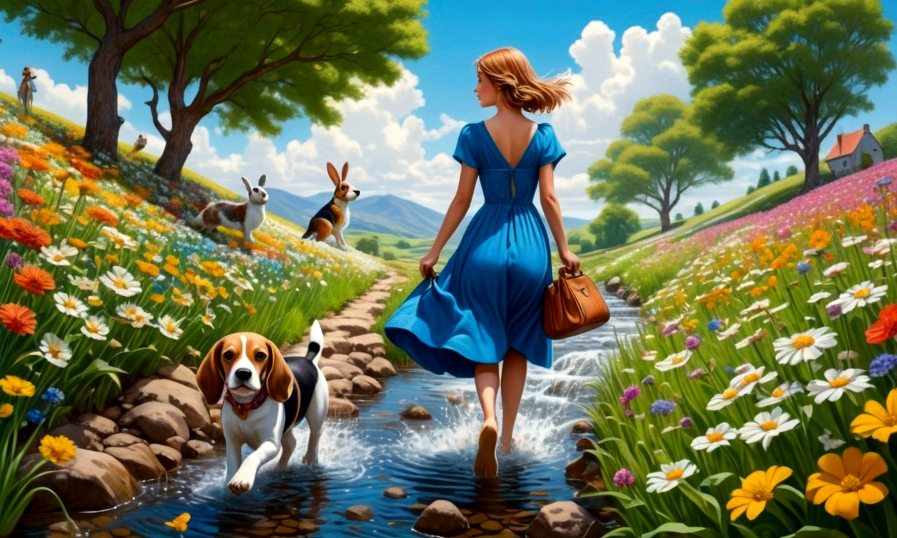 Create a scene of her in the blue dress with a bag on her back and a beagle crossing a side stream, and came out of the water climbing a hill and walking through a flower field, accompanied by an owl and a rabbit with trees in front.