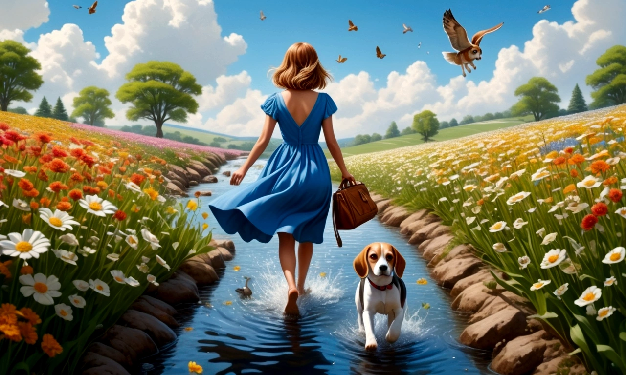 Create a scene of her in the blue dress with a bag on her back and a beagle crossing a side stream, and came out of the water climbing a hill and walking through a flower field, accompanied by an owl and a rabbit with trees in front.