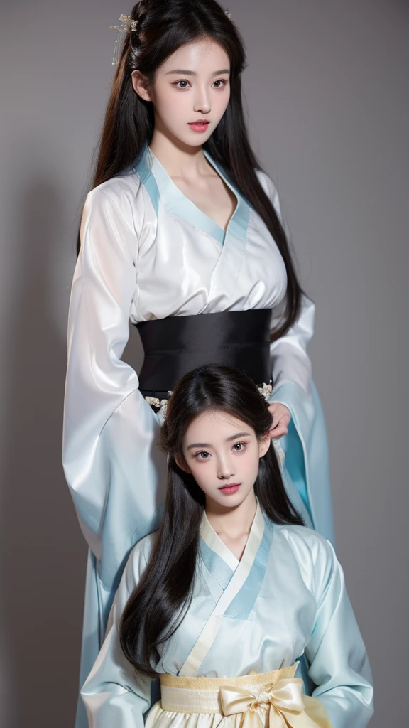 (lifelike,high resolution:1.3), Slim girl, The face shape and eyes are super delicate,Black Hair,Ruddy and shiny lips,(Pretty Face), (best quality), (Very detailed), (Extremely detailed CG unified 8k wallpaper),((Hanbok)),(White background),(cleveage),Sexy look,big eyes,(permanent),(Slim waist),Perky Breasts,Soft breasts,非常lifelike的乳房,Sexy pose,(Large Breasts),Character-centered,perfect