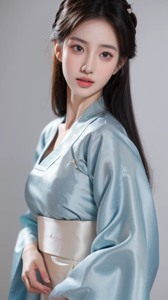 （lifelike,high resolution：1.3）， Slim girl， The face shape and eyes are super delicate,Black Hair,Ruddy and shiny lips,(Pretty Face), (best quality), (Very detailed), (Extremely detailed CG unified 8k wallpaper),((Hanbok)),(White background),(cleveage),Sexy look,big eyes,(permanent),(Slim waist),Perky Breasts,Soft breasts,非常lifelike的乳房,Sexy pose,(Large Breasts),Character-centered,perfect 