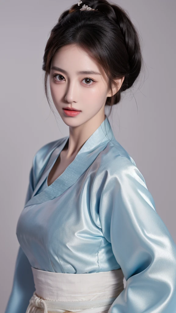 （lifelike,high resolution：1.3）， Slim girl， The face shape and eyes are super delicate,Black Hair,Ruddy and shiny lips,(Pretty Face), (best quality), (Very detailed), (Extremely detailed CG unified 8k wallpaper),((Hanbok)),(White background),(cleveage),Sexy look,big eyes,(permanent),(Slim waist),Perky Breasts,Soft breasts,非常lifelike的乳房,Sexy pose,(Large Breasts),Character-centered,perfect 