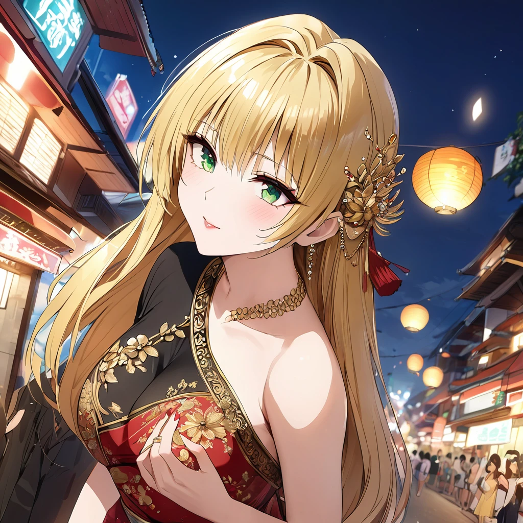 ((Highest quality)), ((masterpiece)), (detailed), (Perfect Face)、The woman is a Thai Tiay, wearing a gorgeous, glittering one-shoulder Thai dress with gold embroidery in the streets of Thailand, and is wearing gorgeous jeweled accessories and an engagement ring.、The woman is an elegant Thai lady with green eyes and medium-long blonde hair. She is wearing a gorgeous one-shoulder Thai dress.