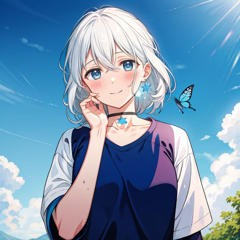 1 ,Blue Pupil,toenails,hand on own face,White hair,sky blue eyes,(blush:1.1),choker,blue sky,lesbian full body,shivering,sweat,Gotas de sweat,dream magical,(speed line:1.1),medium breasts, ((rough breathing:1.3)), cure, butterfly earrings, top cut, pleasure, loud and cold,high quality 4k