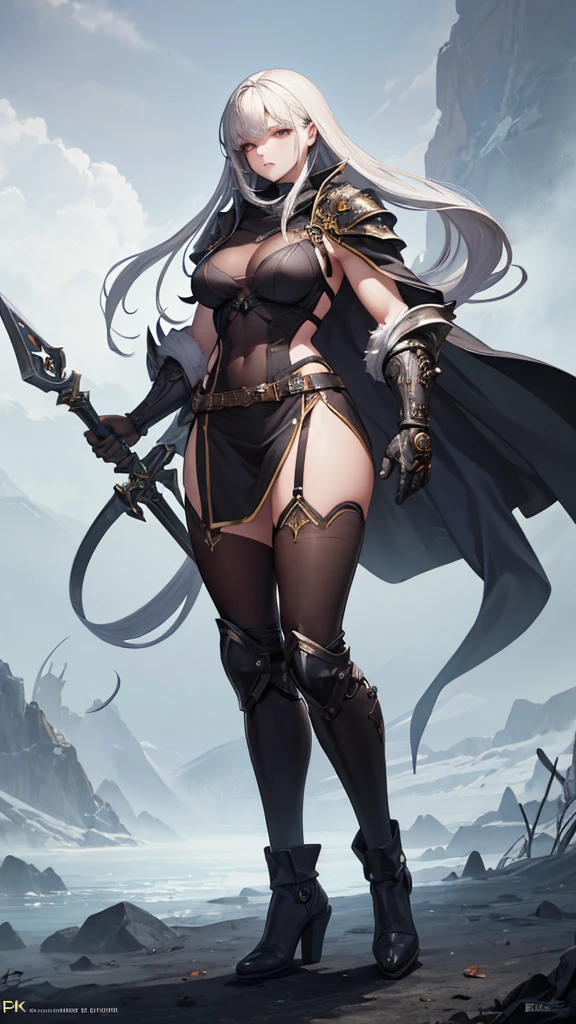 (masterpiece, 4K ,Super detailed:1.2), (anime:1), (Perfect quality), The whole body is shown, View Viewer, Holding a longsword, Desperate look, Muscular and ultra violent women, Powerfully々And, RPG concept art character, Gauntlet, Elegant appearance