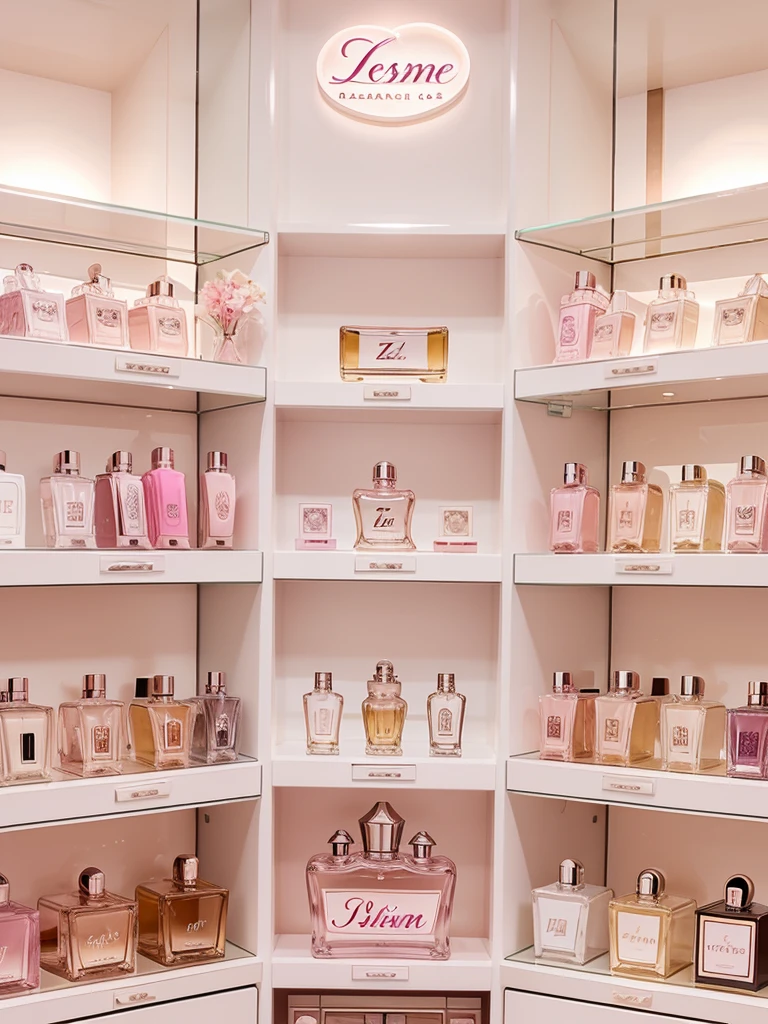 classy perfumes on shelves in a classy perfume shop with z logo, with soft pink and white color