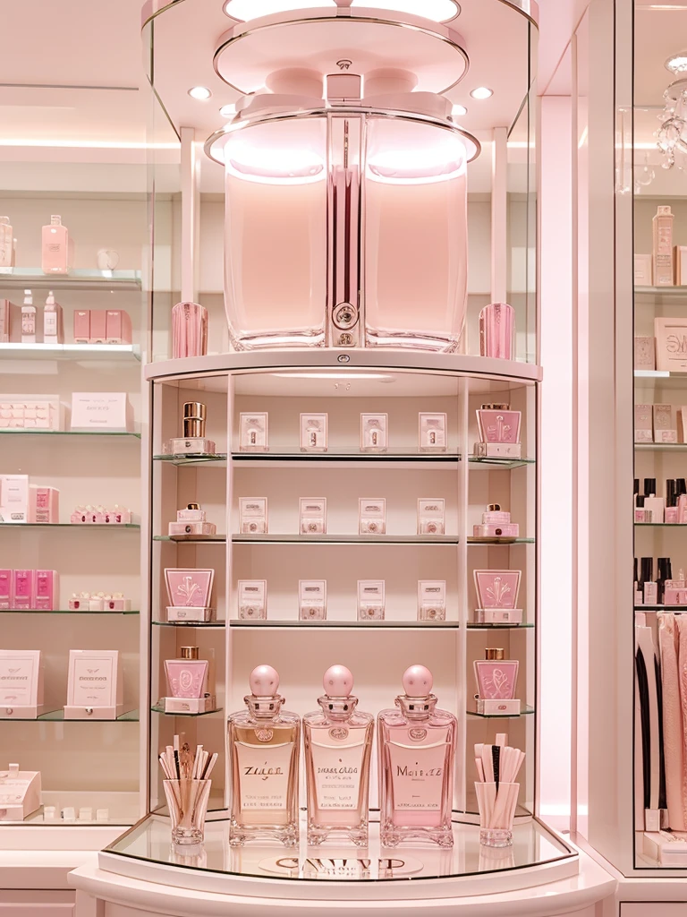 classy perfumes on shelves in a classy perfume shop with z logo, with soft pink and white color