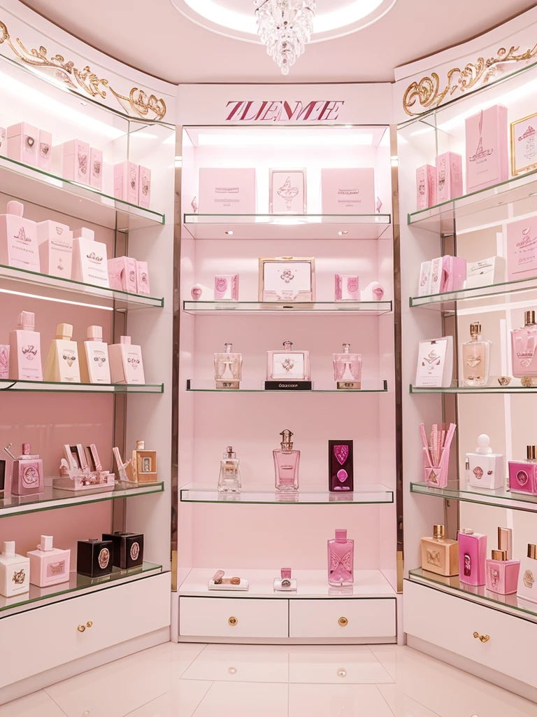 classy perfumes on shelves in a classy perfume shop with z logo, with soft pink and white color