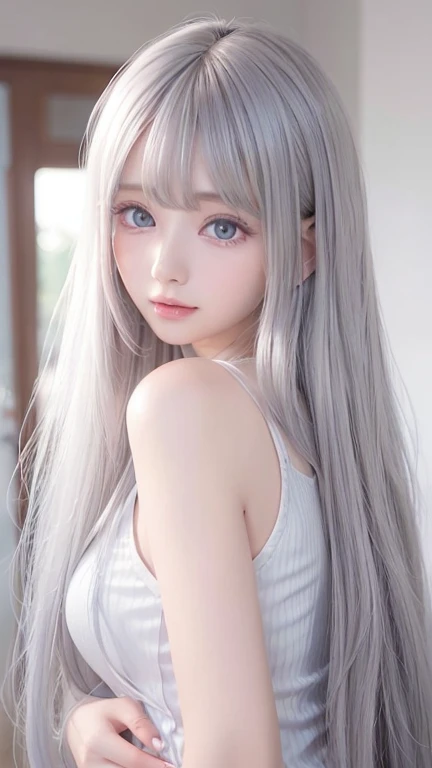 silver shiny hair、Super long straight silky hair、Dazzling blonde super long silky hair、16 years old cute little beautiful face、A beautiful girl、Sparkling blonde dancing in front of a pretty face、Long, silky bangs that cover the space between the eyes、Very beautiful, bright, large, light blue eyes、Very big eyes、Hair that hides the face、Sexy pretty young woman with super long bangs、Very white skin、Cheek gloss highlighter、Small Face Beauty、Round face、Cute Shirts、Ample Bust