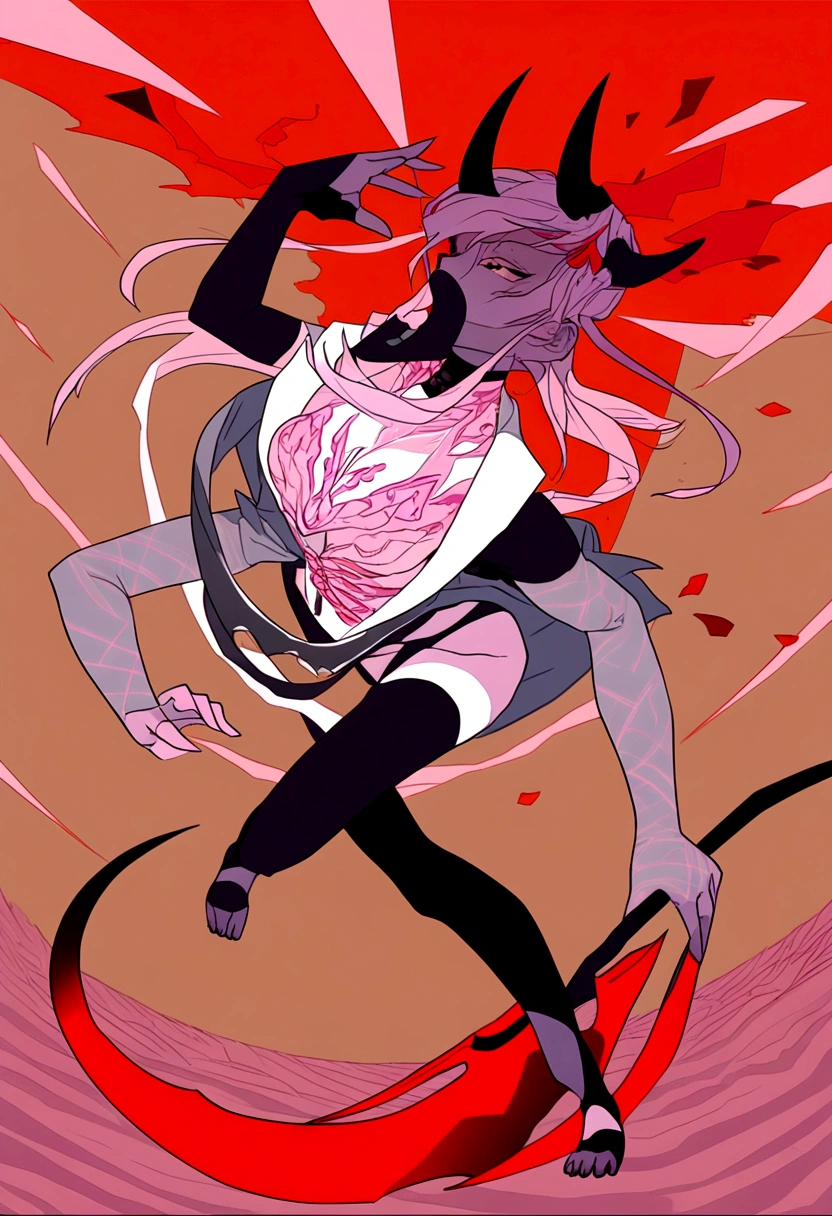 Best Quality, Masterpiece, ultra high resolution, (realist: 1.4),character with good anatomy perfect anatomy perfect anatomy girl with a red power scythe in niji journey style half body with some perspective girl with pink hair and two red horns on her head in a dynamic and powerful pose in motion saturated warm colors Bold contrast and dramatics, with a focus on intense lights and shadows. Fluidity and movement, with a fresh and contemporary style. childish tones: Dynamic and detailed composition, with emphasis on action and movement. 4 demon arms