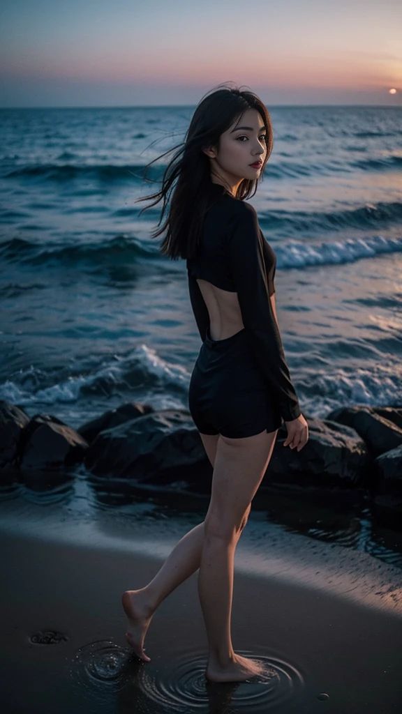 ((masterpiece, best quality)), night, Thin clothes, girl, Put one foot in the water with only the toes, girl standing, girl sideways, girl between the horizon and the sea, View from the side, Ripples spread from the toes, The scene of the incident was about 20 meters away from us, above sea level, night, The whole scene sparkles, There is a meteor shower
