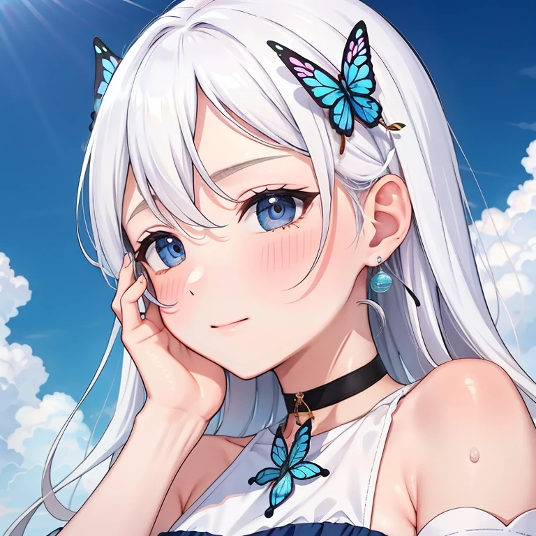 1 ,Blue Pupil,toenails,hand on own face,White hair,sky blue eyes,(blush:1.1),choker,blue sky,lesbian full body，shivering,sweat,Gotas de sweat,dream magical,(speed line:1.1),medium breasts, ((rough breathing:1.3)), cure, butterfly earrings, top cut, pleasure, loud and cold，high quality 4k