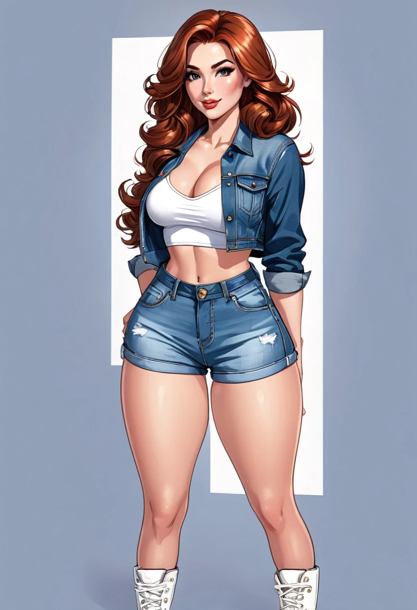 ((best qualityer)) beautiful woman in denim shorts and white crop top posing for a photo, beauty shot jeans , inverted triangle body type, Bela , mulher de corpo inteiro, wearing denim shorts, beautiful charming woman, wavy red hair, honey brown eyes, hourglass figure, cartoon vector style, corpo pin-up, Broad Hips, voluptuous woman, charming woman